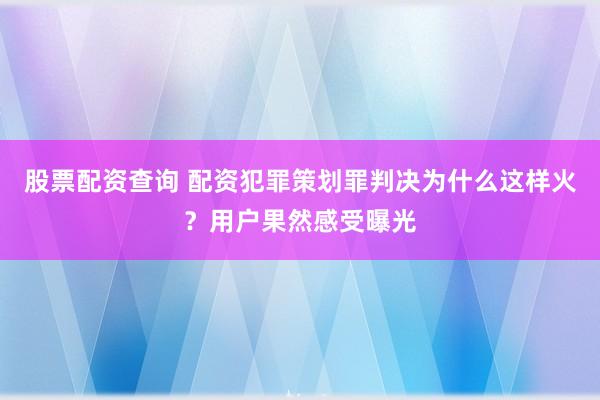 股票配资查询 配资犯罪策划罪判决为什么这样火？用户果然感受曝光